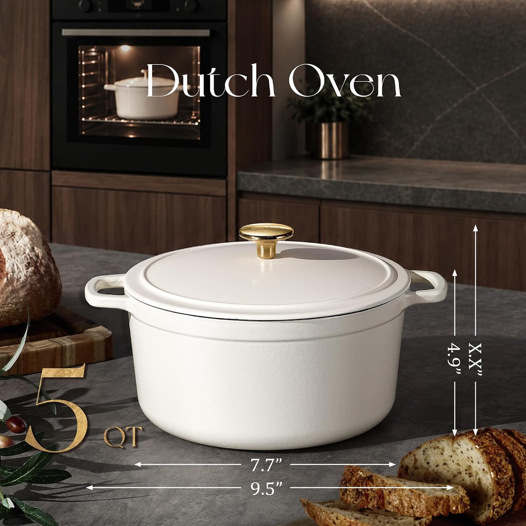 Dutch Oven, 5 Quart Enameled Cast Iron in Cream White with Lid