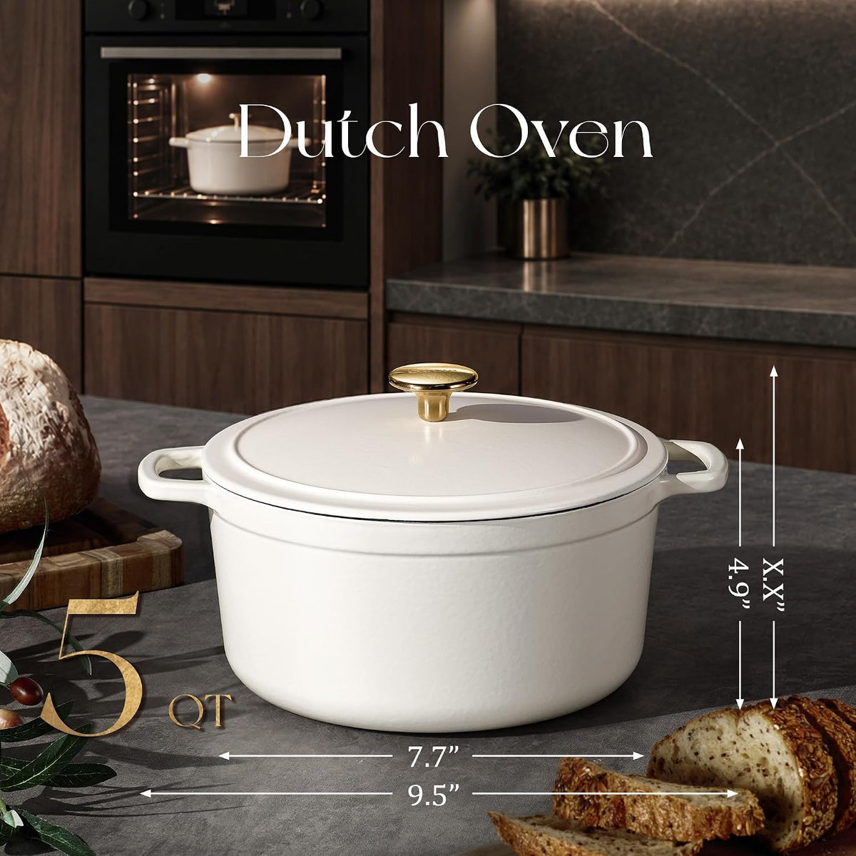 Dutch Oven, 5 Quart Enameled Cast Iron in Cream White with Lid