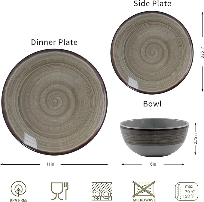 Brown Melamine Dinnerware Set for 4, 12 Pieces, Dishwasher Safe