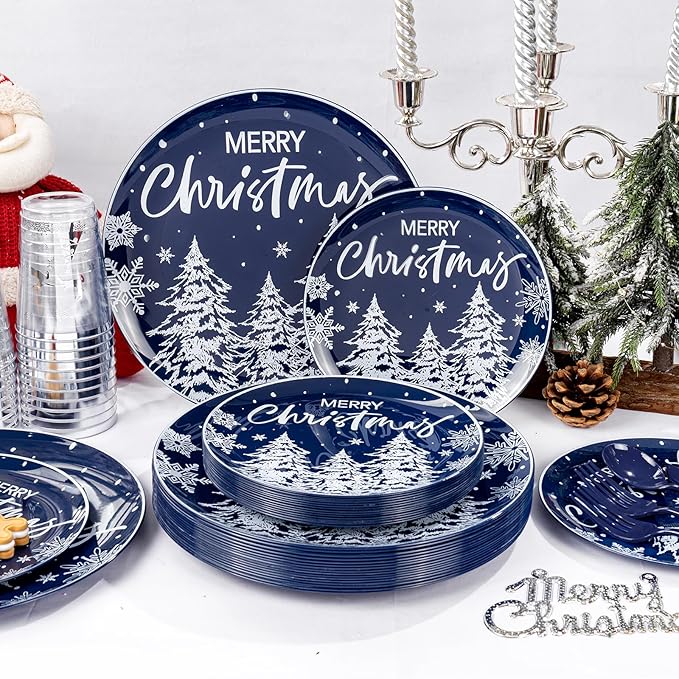 Plates Set, 150 Pieces, Blue Christmas Dinnerware with Snow Forest Design