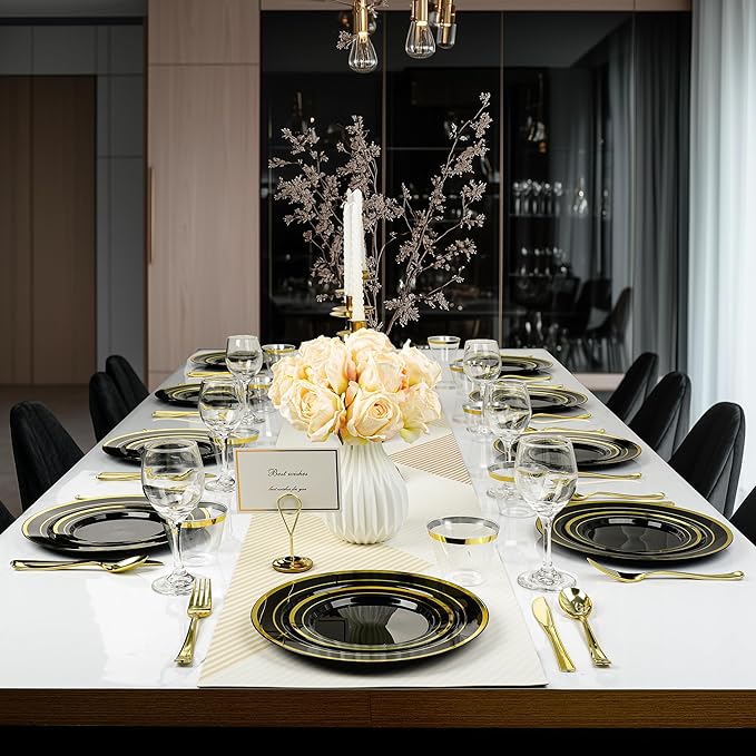 Disposable Plates Set, Black with Gold Rim, 600 Pieces for 100 Guests
