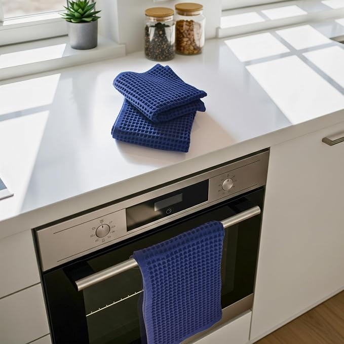 Dish Towels Set of 3 Navy Waffle Weave 100% Turkish Cotton