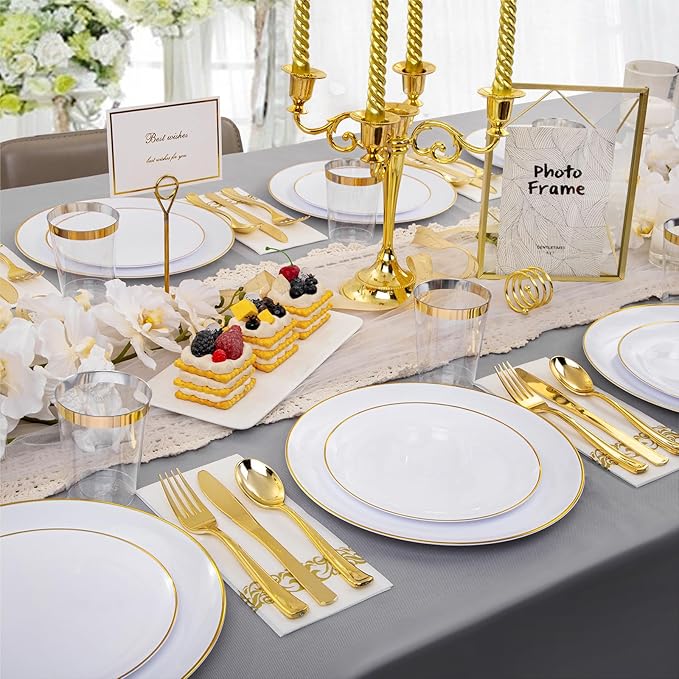 Plastic Plates with Gold Rim, 350-Piece White Disposable Dinnerware Set for 50