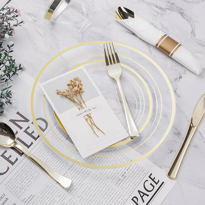 Plastic Party Plates Set for 50 Guests, Clear with Gold Rim