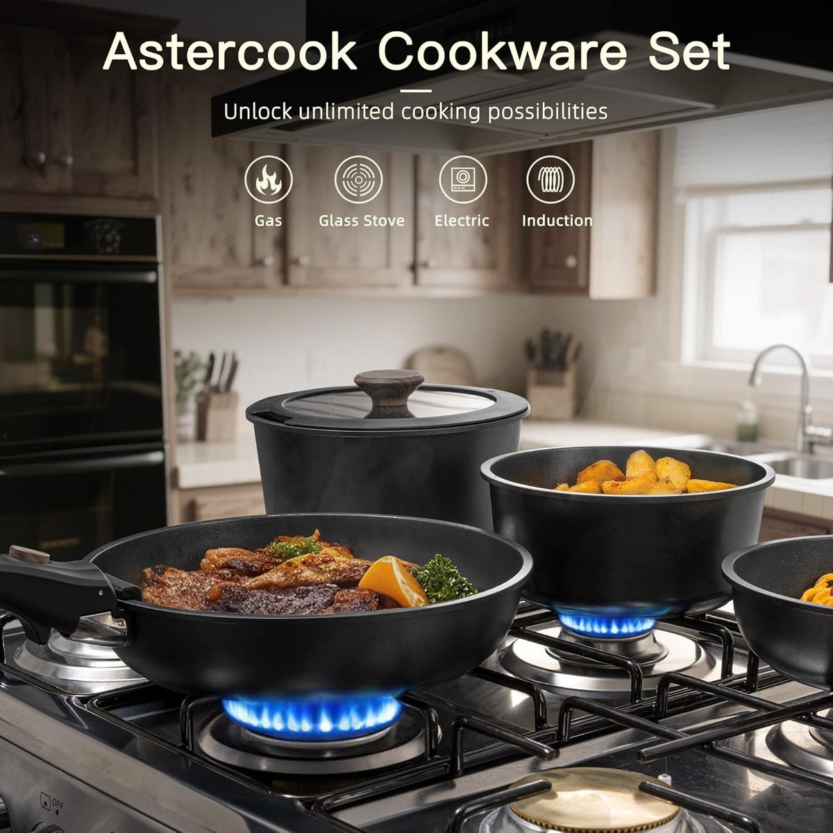 Cookware Set 21 Piece Black Nonstick Aluminum with Removable Handle