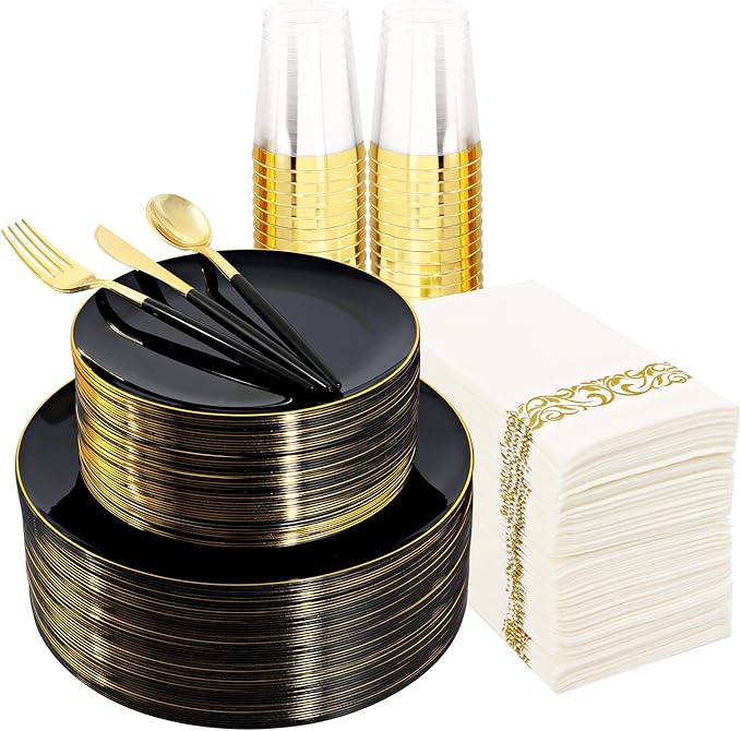 Plates Set, 350 Pieces, Black Plastic with Gold Accents