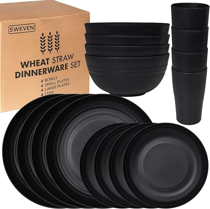 Dinnerware Set, Black Wheat Straw, Unbreakable and Microwave Safe