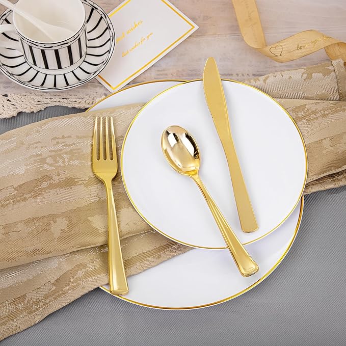 Plastic Plates with Gold Rim, 350-Piece White Disposable Dinnerware Set for 50