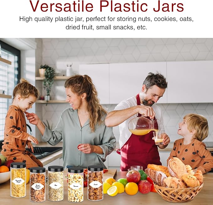 Food Jar Canisters 16 oz Clear PET Plastic with Airtight Lids, 24 Pack