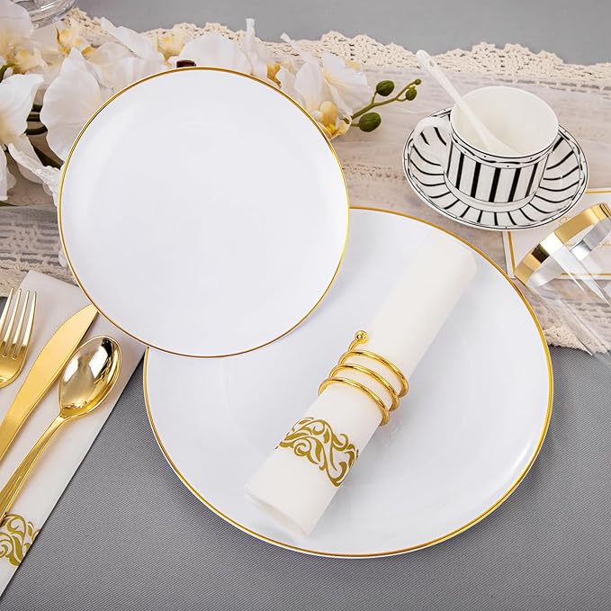 Plastic Plates with Gold Rim, 350-Piece White Disposable Dinnerware Set for 50