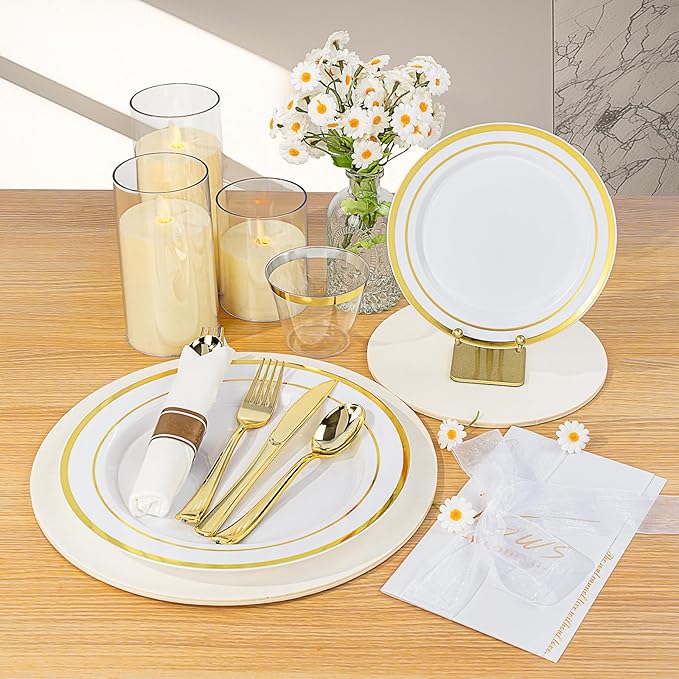 Plastic Plates Set with Gold Rims, 10.25 and 7.5 Inch, for 100 Guests