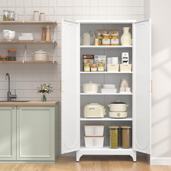 Pantry Cabinet, 75 Inch Metal Freestanding Cupboard with Doors, White