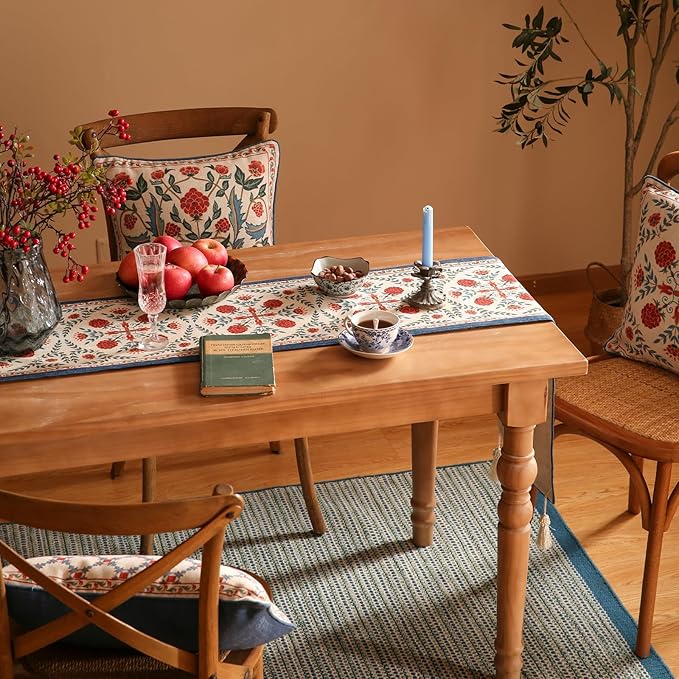Floral Table Runner 12 x 71 Inch Polyester-Linen Blend in Puno B