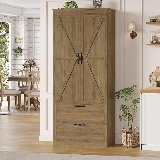 Pantry Cabinet with Barn Doors, 70-Inch Tall, Rustic Brown Finish