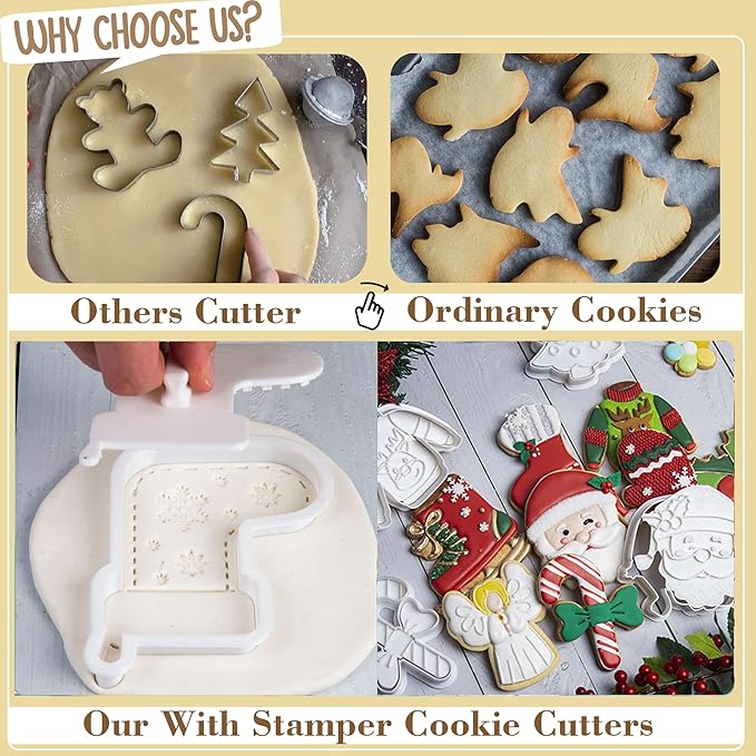 Flycalf Christmas Cookie Cutters Elf Shapes with Plunger Stamps Holiday PLA Baking Accessories Cutter Molds Gifts Decorative Party 3.5" Kitchen Cake Supplies