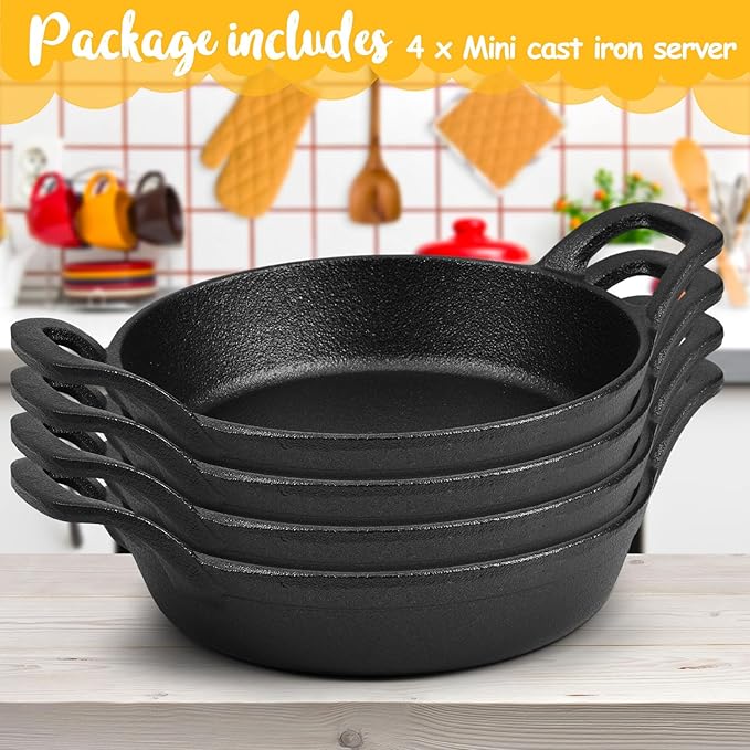 Skillets: 4-Pack Black Cast Iron Mini Pans with Double Loop Handles