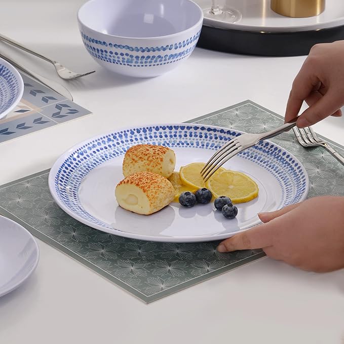 Melamine Dinnerware Set for 4, 12-Piece Blue Raindrop Plates and Bowls