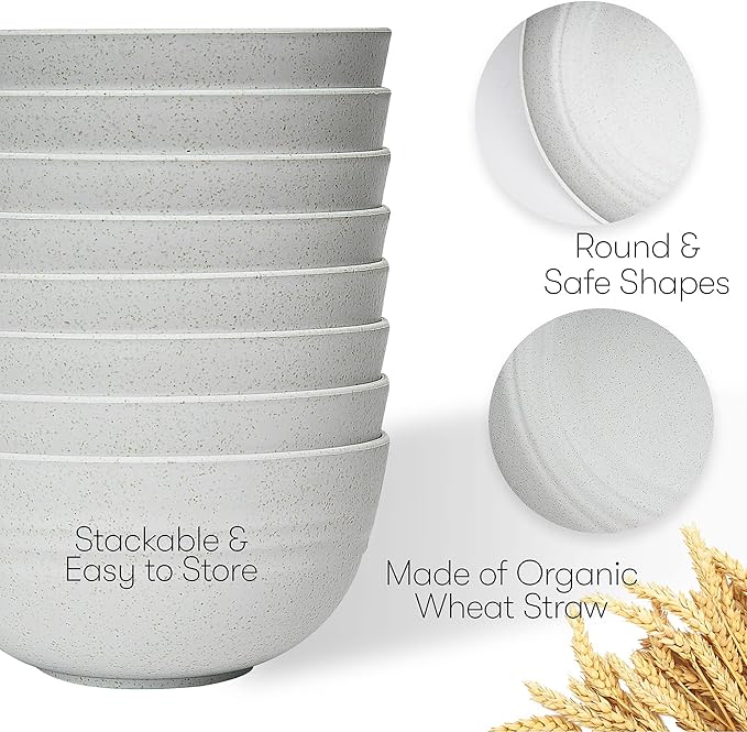 Wheat Straw Dinnerware Set for 8, Gray Round Unbreakable Dishes