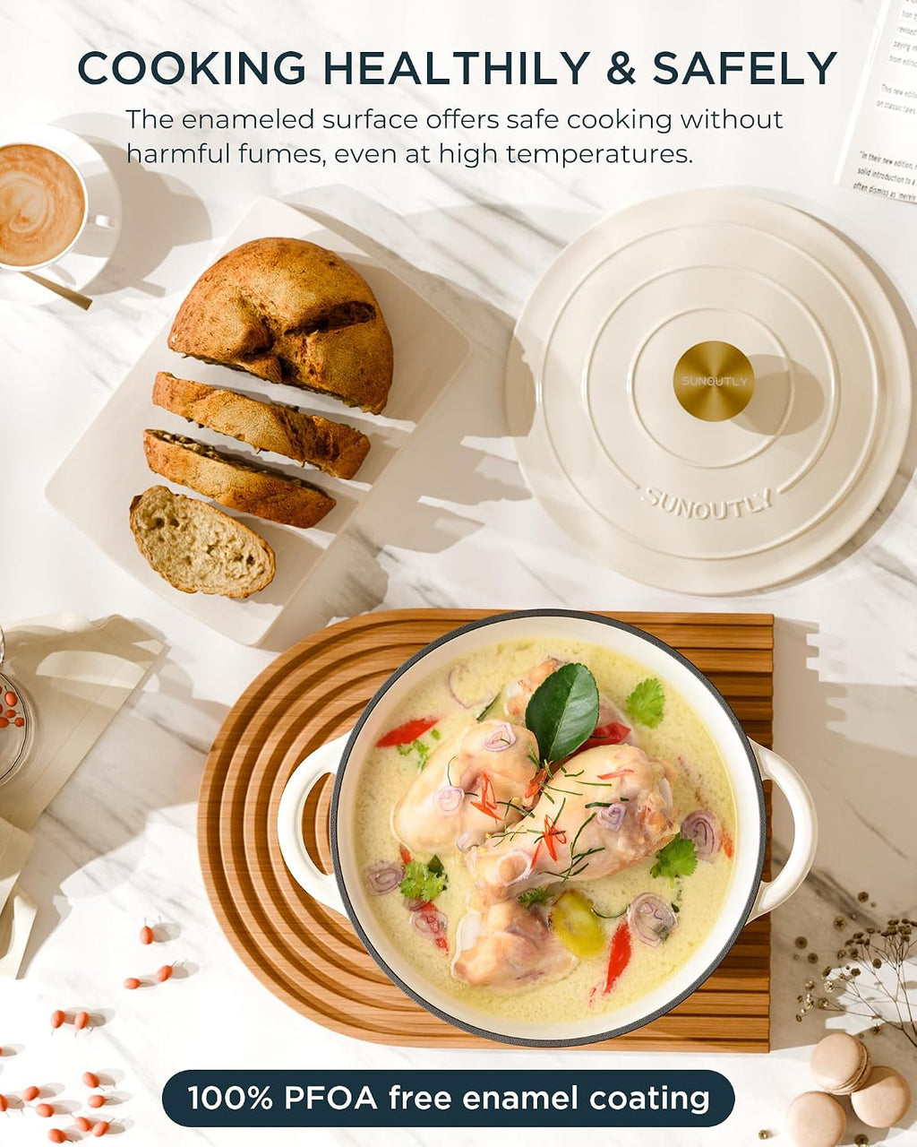 Dutch Oven, 6 Quart Enameled Cast Iron, Cream White