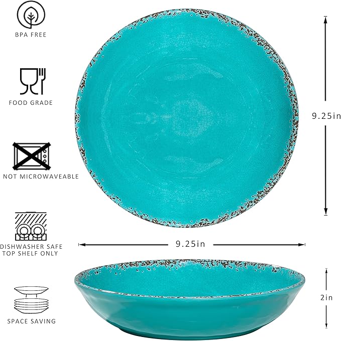 Pasta Bowls, 9-Inch Melamine Set of 6 in Antique Teal