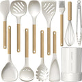 Silicone Cooking Utensils Set, 446°F Heat Resistant Silicone Kitchen Utensils for Nonstick Cookware, Kitchen Gadgets Spatula Set, Spoon, Turner, Tongs, Ladle, Whisk, BPA FREE (Cream White)