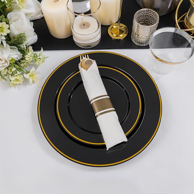 Disposable Plastic Plates Set, Black and Gold, 175 Pieces, Serves 25
