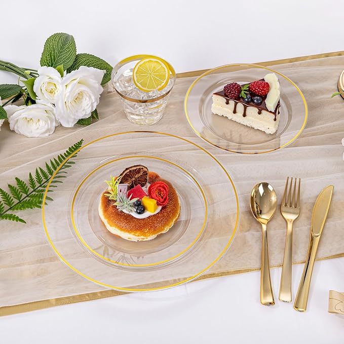 Gold-Rimmed Clear Plastic Plates, 175-Piece Set for 25 Guests