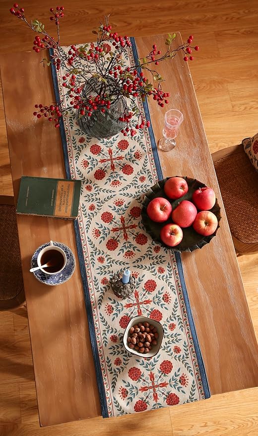 Floral Table Runner 12 x 71 Inch Polyester-Linen Blend in Puno B