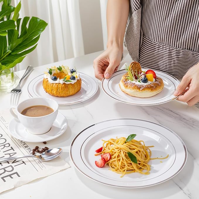 Party Plates Set for 50 Guests in White and Silver Hard Plastic