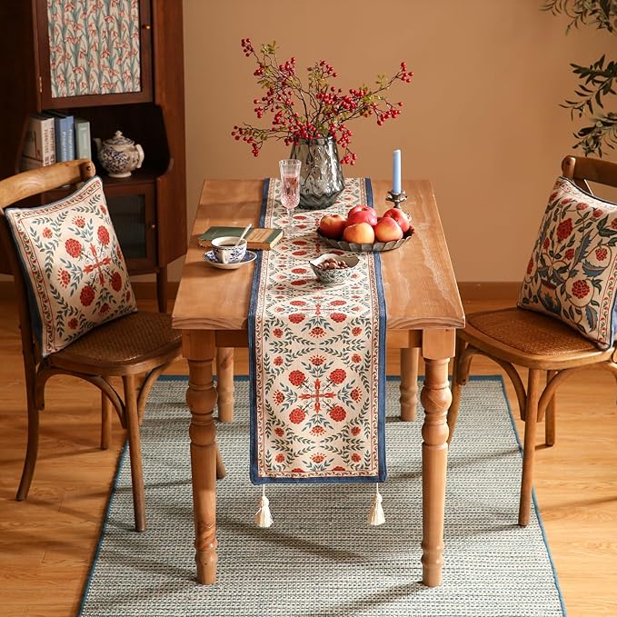 Table Runner, 12 x 102 Inch Floral Polyester-Linen Blend Dining Decor