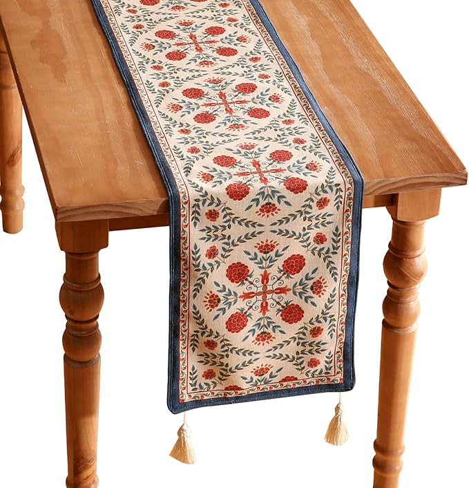 Table Runner 12 x 87 Inch Coffee Floral Linen-Blend Farmhouse Style
