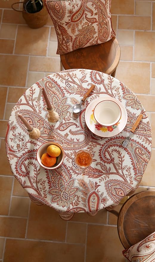 55-Inch Round Linen Blend Tablecloth with Floral Pattern for Dining