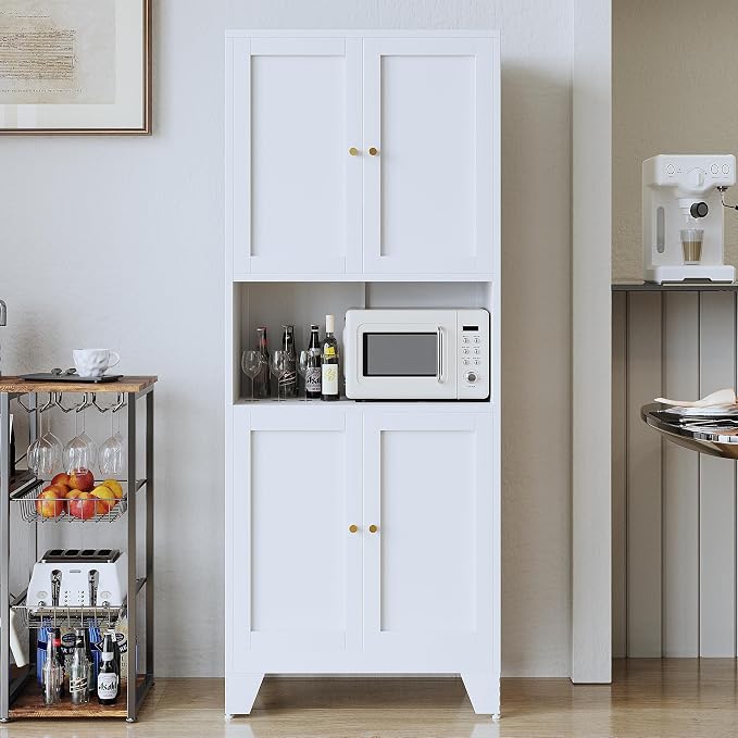 69-Inch Tall White Metal Pantry Cabinet with Microwave Shelf