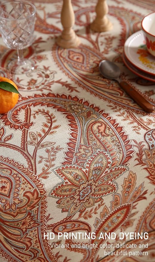 55-Inch Round Linen Blend Tablecloth with Floral Pattern for Dining