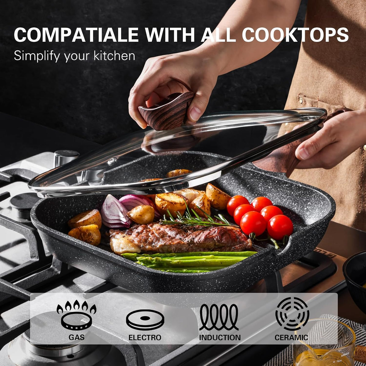 Nonstick Grilling Pan with Lid for Stove Tops, 11 Inch Square Grill Pan – close-up
