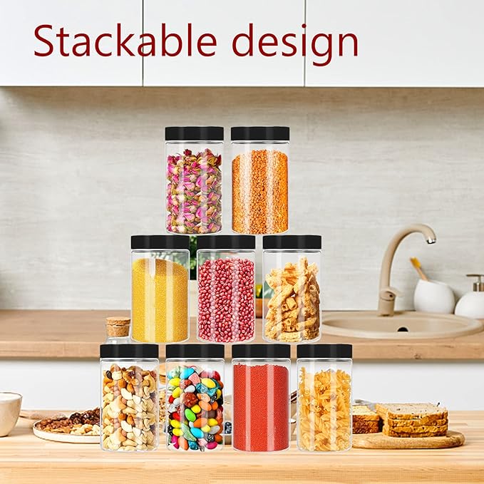 Clear Plastic Food Storage Jars 14 oz 20 Pack with Lids and Labels