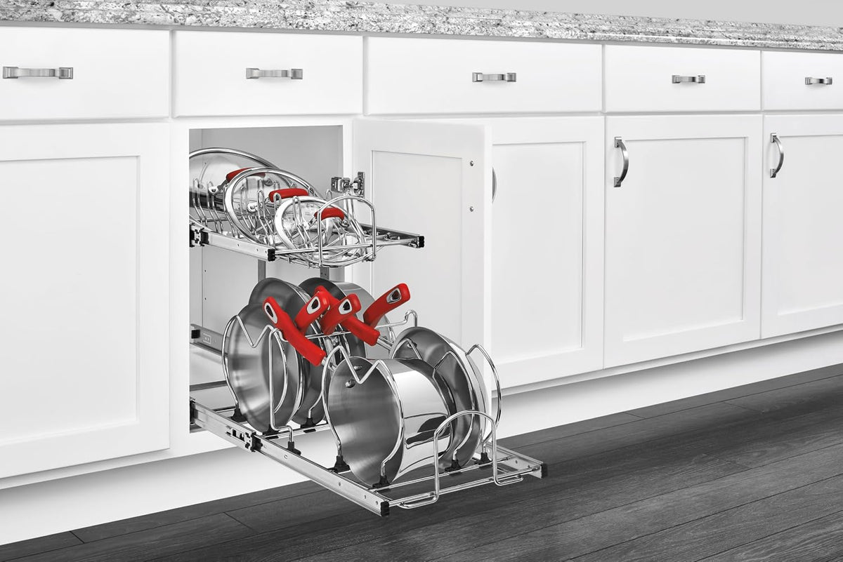Pull-Out Cookware Organizer for Base Cabinets, Two-Tier Chrome Wire