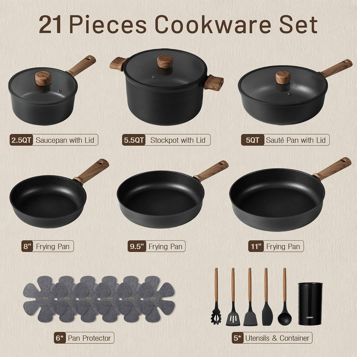 Cookware Set, Titanium Reinforced Nonstick Aluminum with Glass Lids