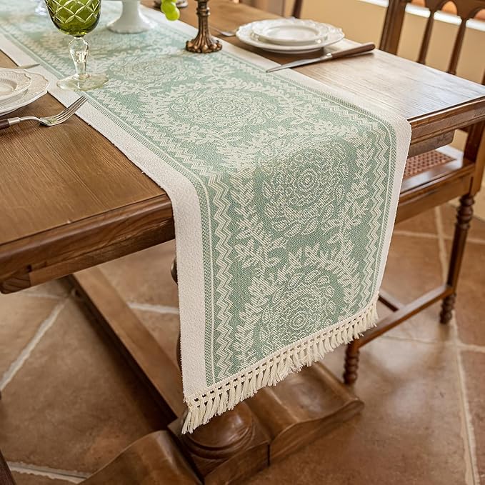 Green Boho Table Runner 14 x 63 Inch Polyester with Fringed Edges