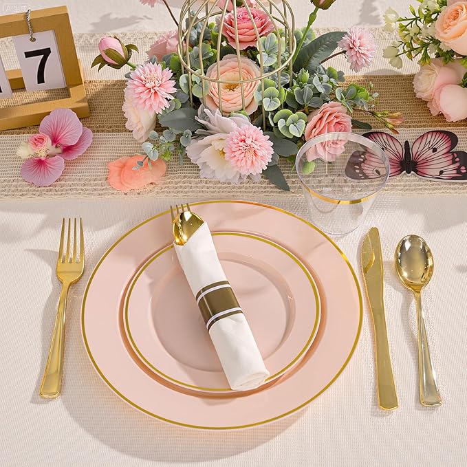 Disposable Plates Set in Pink and Gold, 350 Pieces for 50 Guests