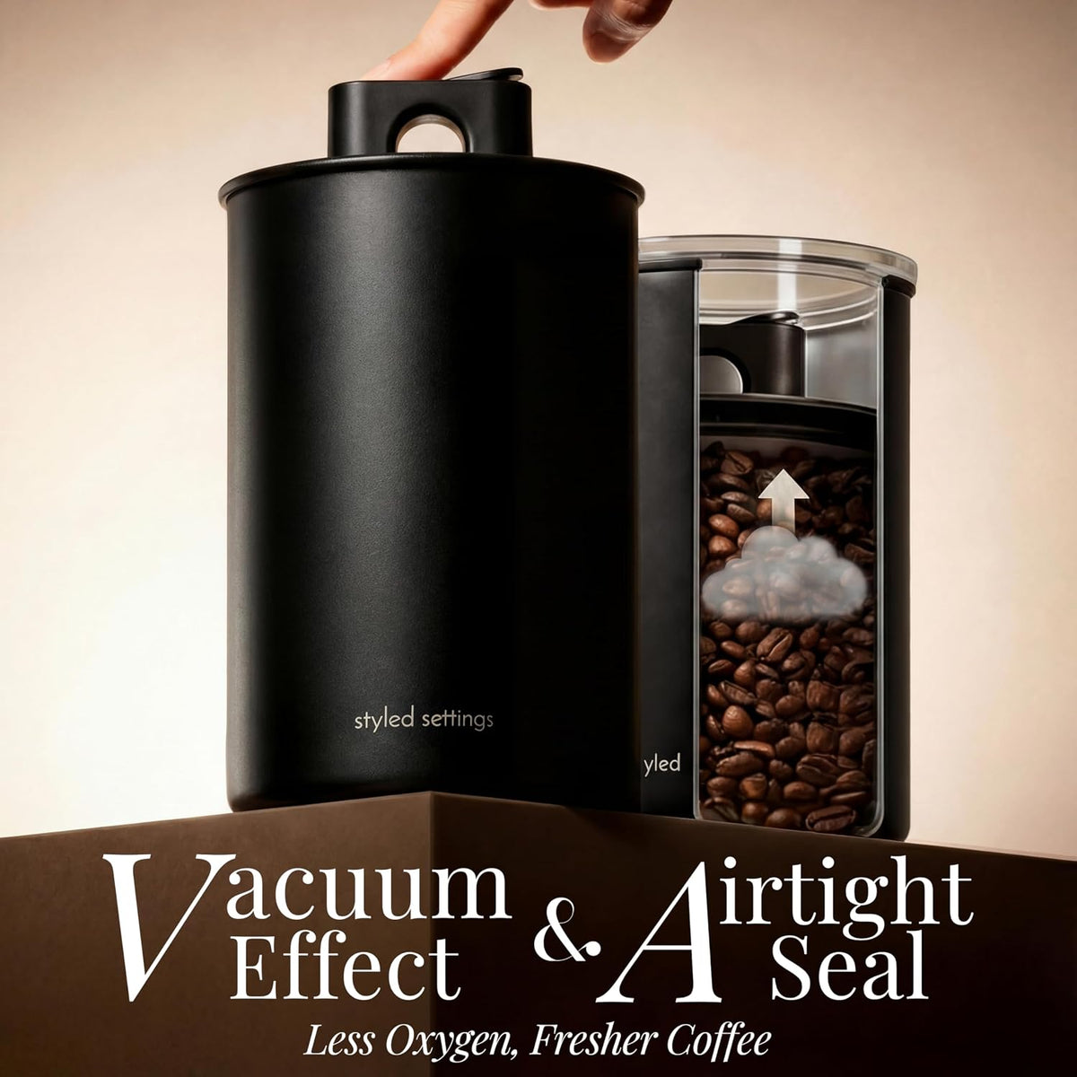 Coffee Container 16 oz Stainless Steel Airtight Canister in Black