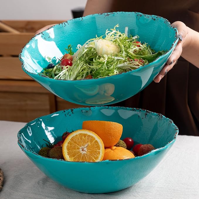 Serving Bowls Set of 2, Teal Melamine, 12-Inch Farmhouse Salad Bowls