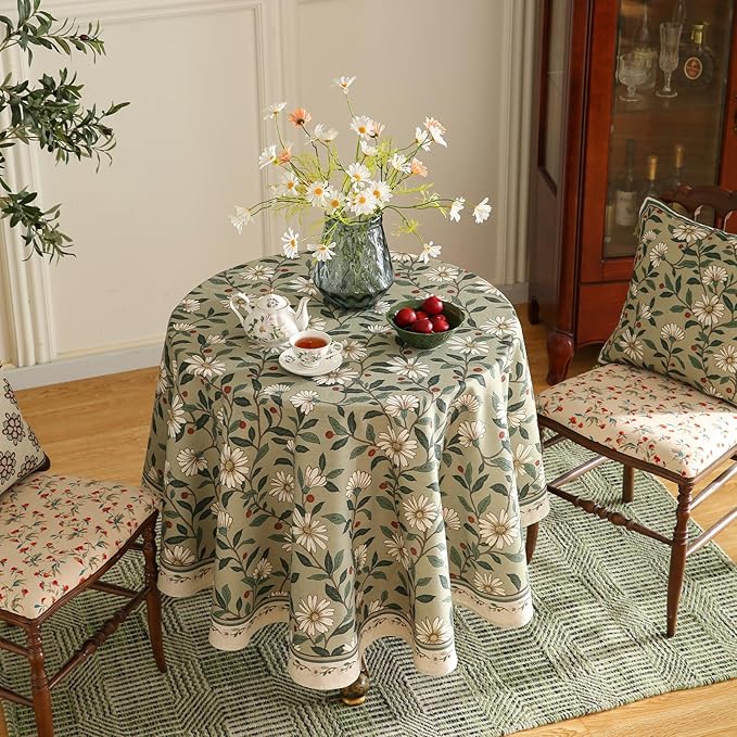 Round Tablecloth 67 Inch Linen-Blend Floral Design for Dining Tables