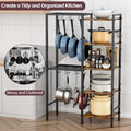 Pot Rack, 5-Tier Black Metal Cookware Stand with Wood Grain Shelves