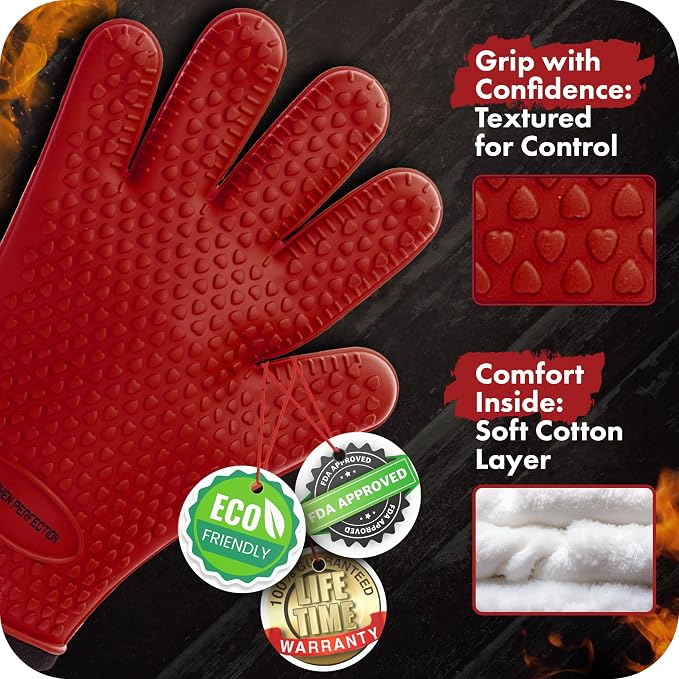 Silicone Oven Mitts Set of 2, Heat Resistant to 500 Degrees, Royal Red