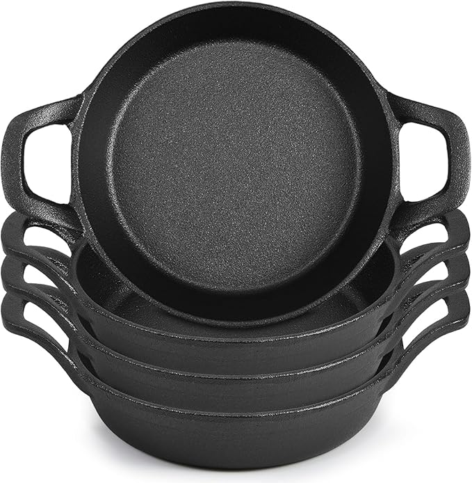 Skillets: 4-Pack Black Cast Iron Mini Pans with Double Loop Handles