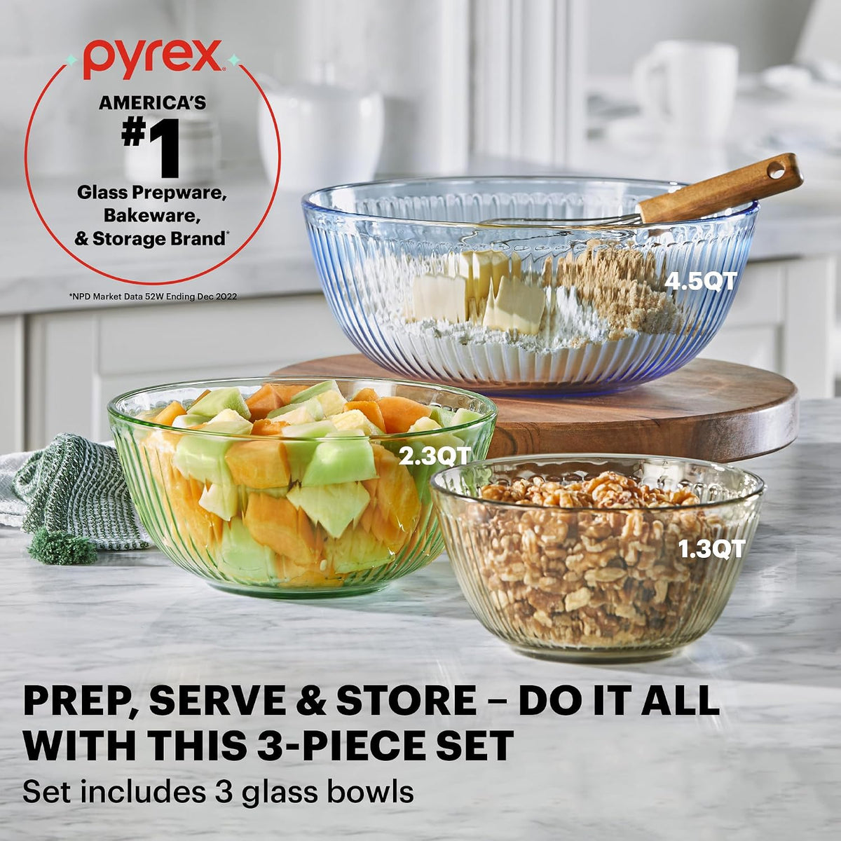 Mixing Bowls Set of 3, Tempered Glass with Airtight Snap Lids