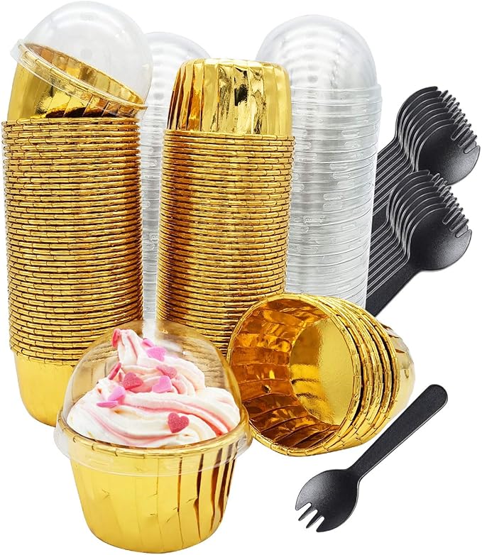 Baking Cups: 100 Mini Gold Foil Liners with Lids and 50 Spoons