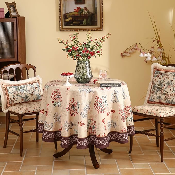 Round Tablecloth, 67-Inch, Polyester-Linen Blend, Vintage Red Floral Pattern