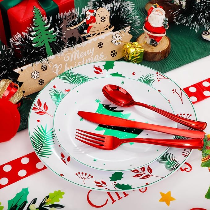 Disposable Christmas Plates Set, Green Tree Pattern, 176 Pieces